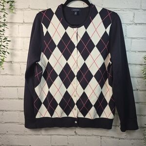 LANDS END NAVY CARDIGAN WHITE PINK ARGYL WOMENS LIKE NEW PREPPY SIZE XL